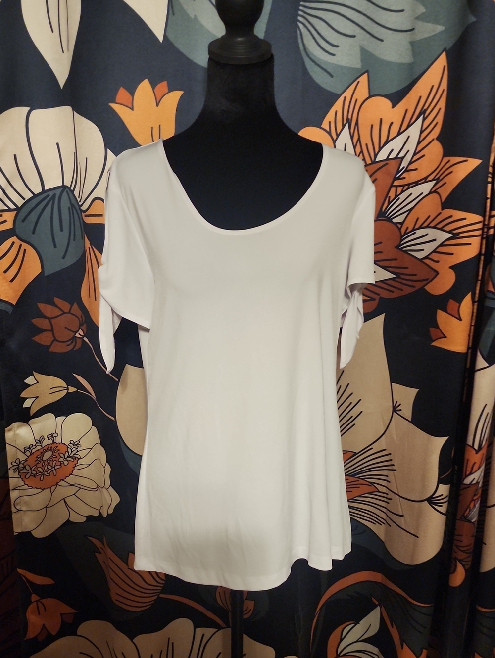 Slinky Brand White Scoop Neck Short Sleeve Top with Tie Sleeves